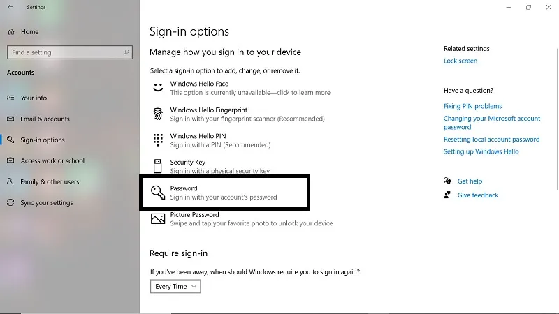 Cách cài mật khẩu máy tính Windows qua menu Settings 1